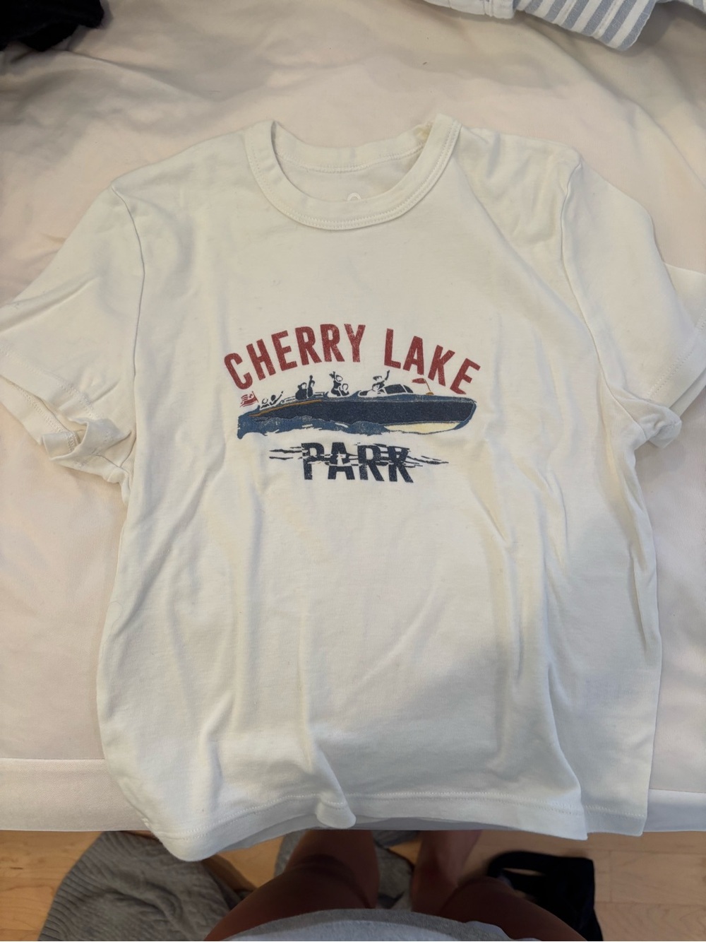Cherry Lake Graphic Tee in White with Red & Navy Print